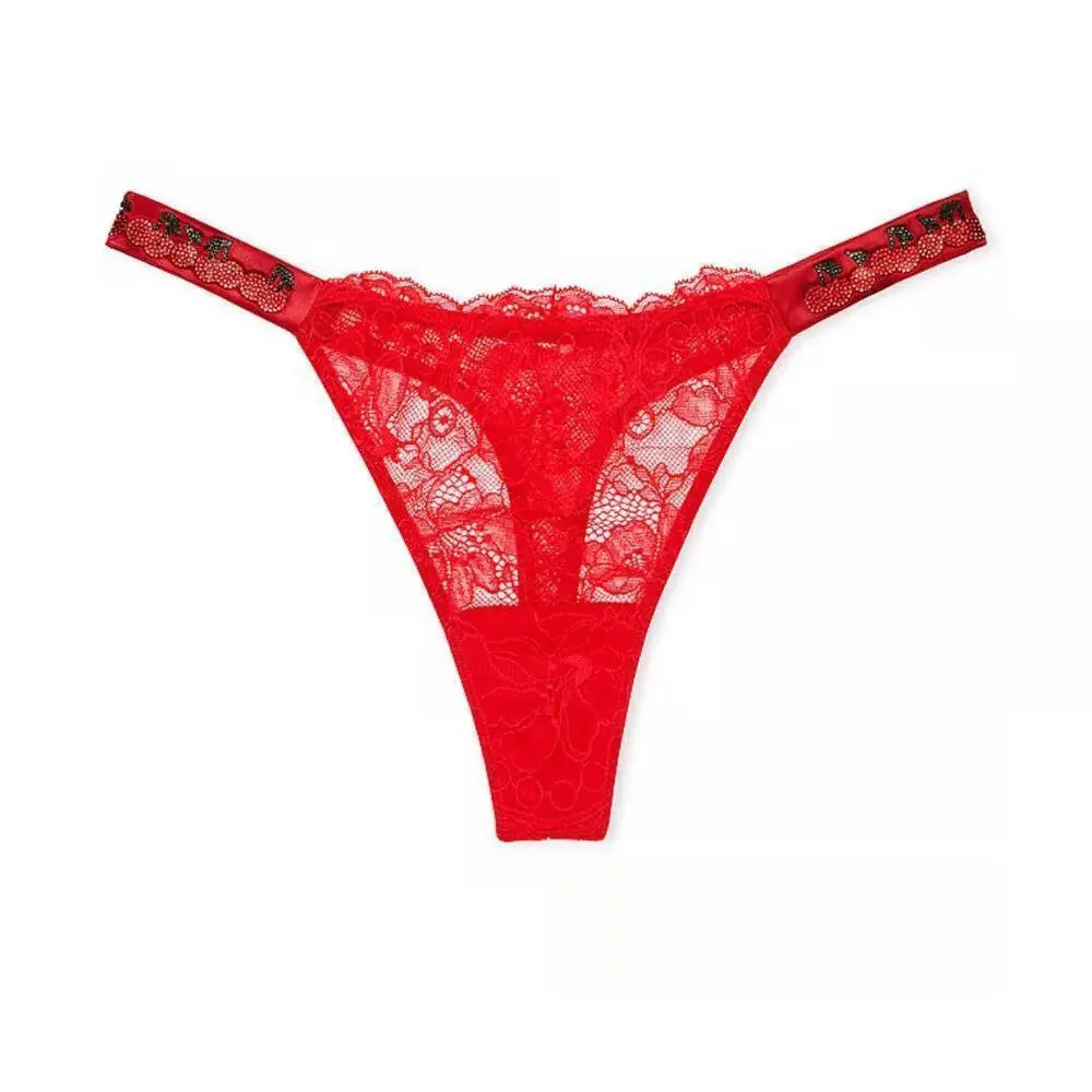 Victoria's Secret Cherry Red Shine Strap Lace Garter Belt and Thong